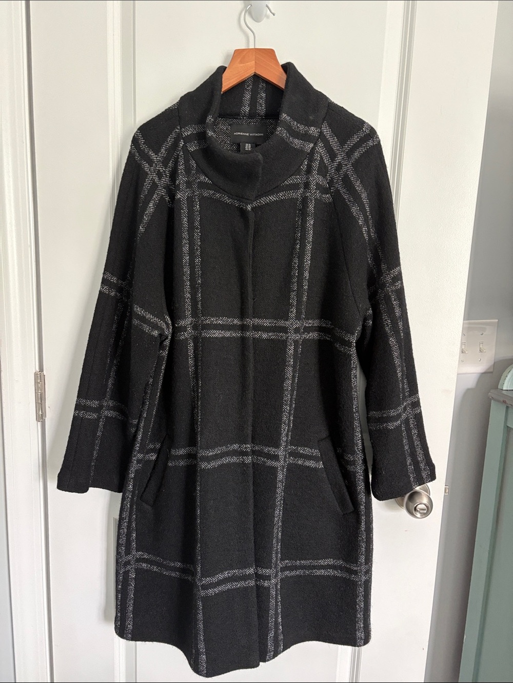 Adrienne Vittadini Black & Gray Windowpane Coat